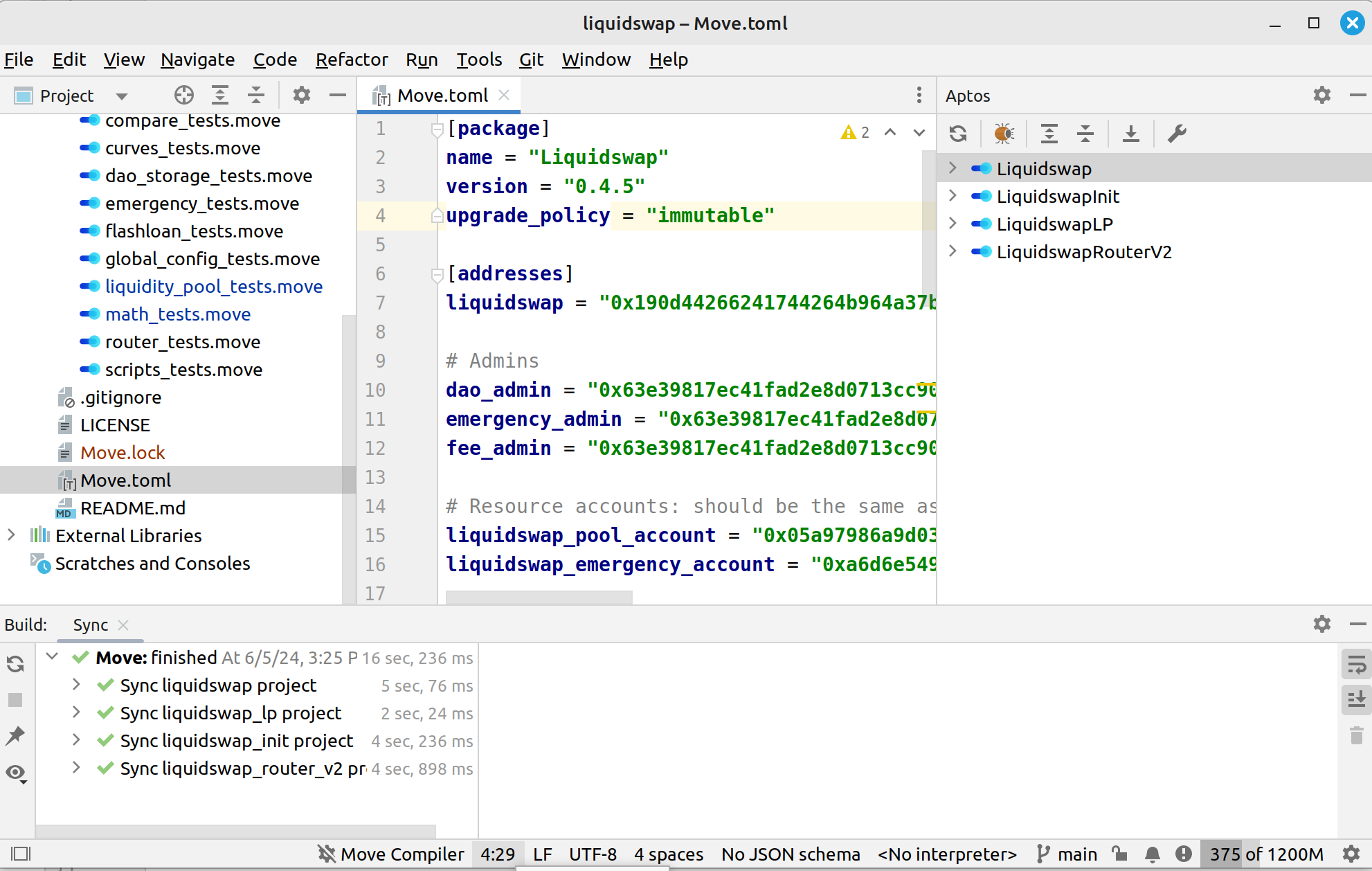 Aptos Tool Window with imported project